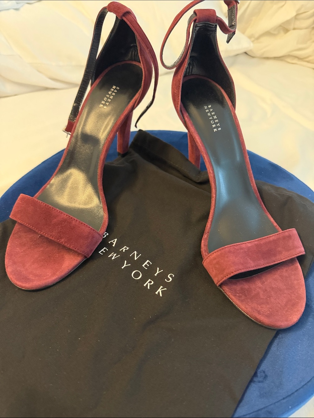 Barneys New York Desio Wine Colored  Suede Ankle-Strap Open-Toe Heels